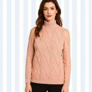 Do +Be blush Pink sweater cold shoulder mock turtleneck cable stitch. Sz L